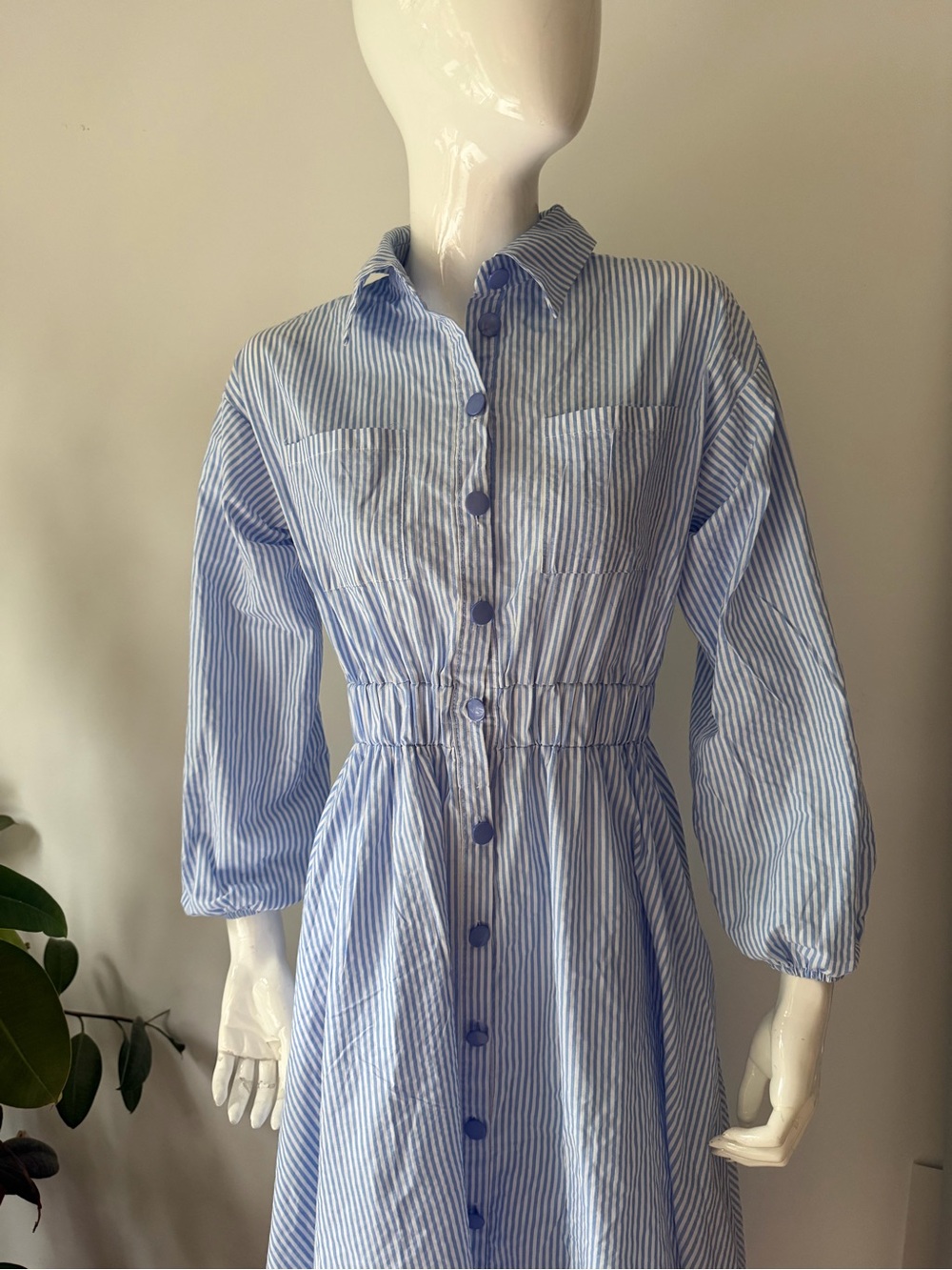 Blue White Striped Button Front Maxi Shirt Dress Elastic Waist - Picture 8 of 9
